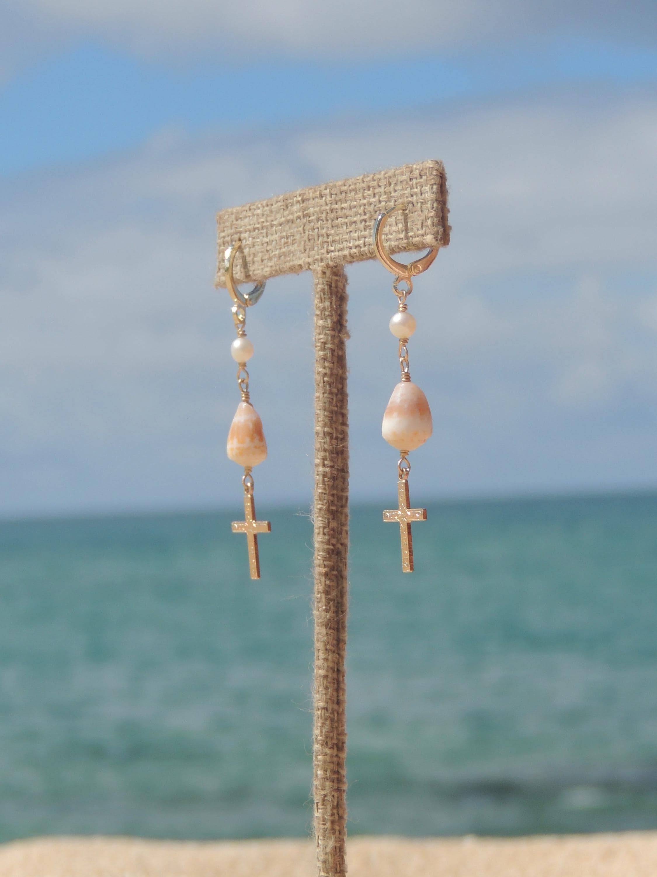 Cone Shell / Cross Charm Huggies