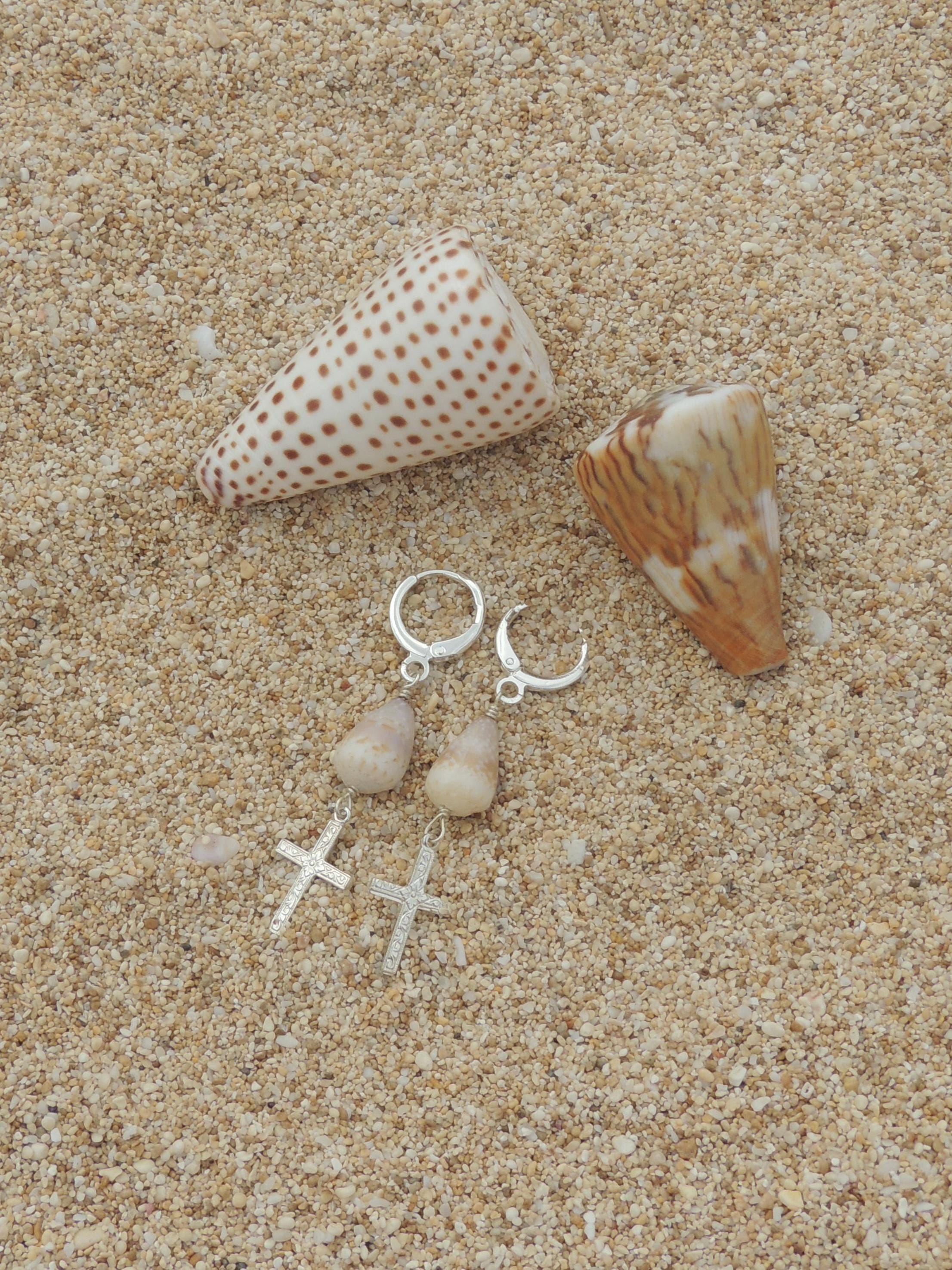 Cone Shell / Cross Charm Huggies