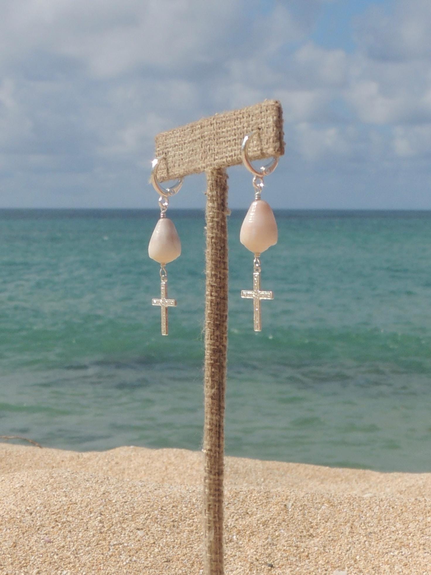 Cone Shell / Cross Charm Huggies