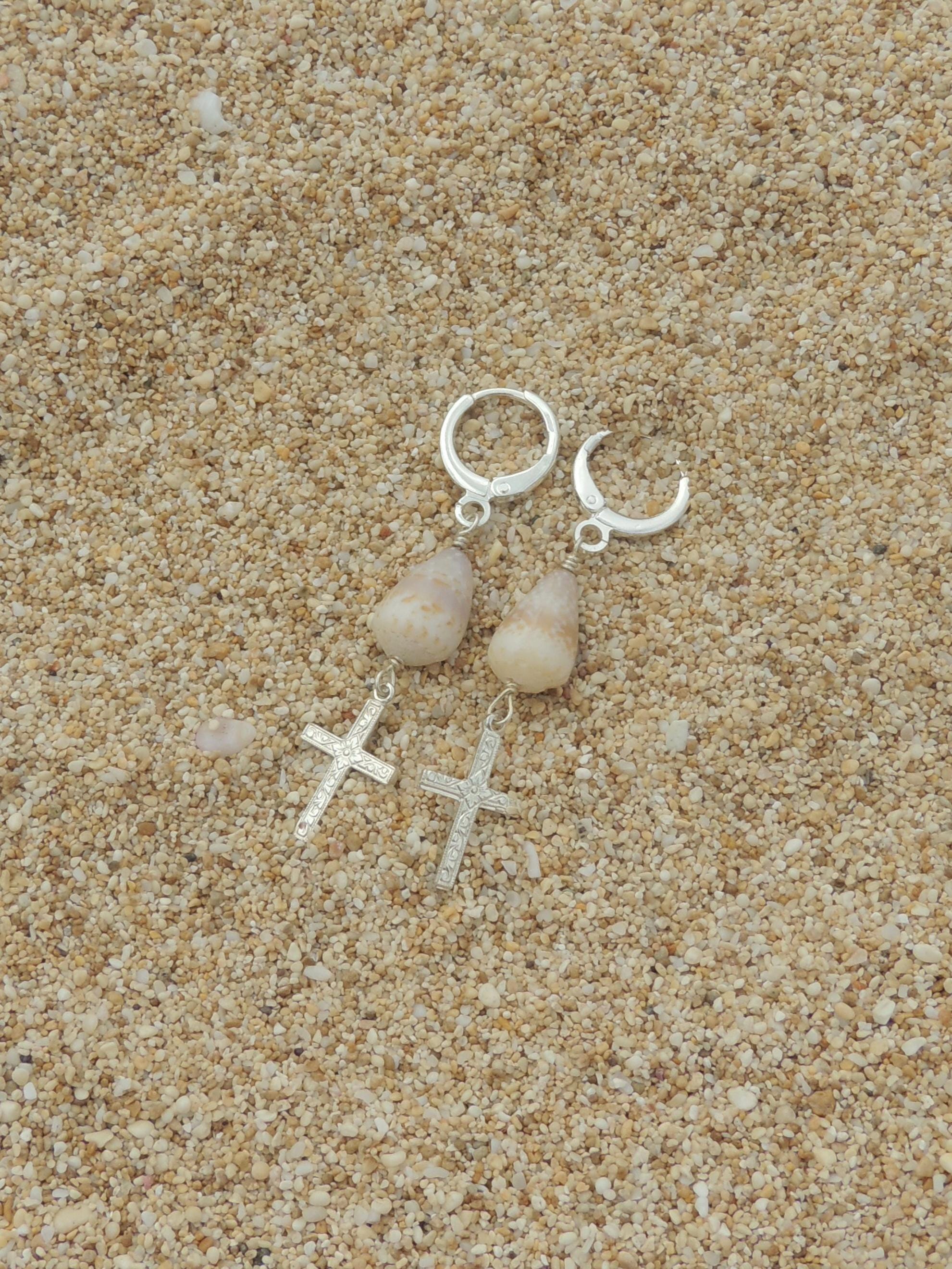 Cone Shell / Cross Charm Huggies