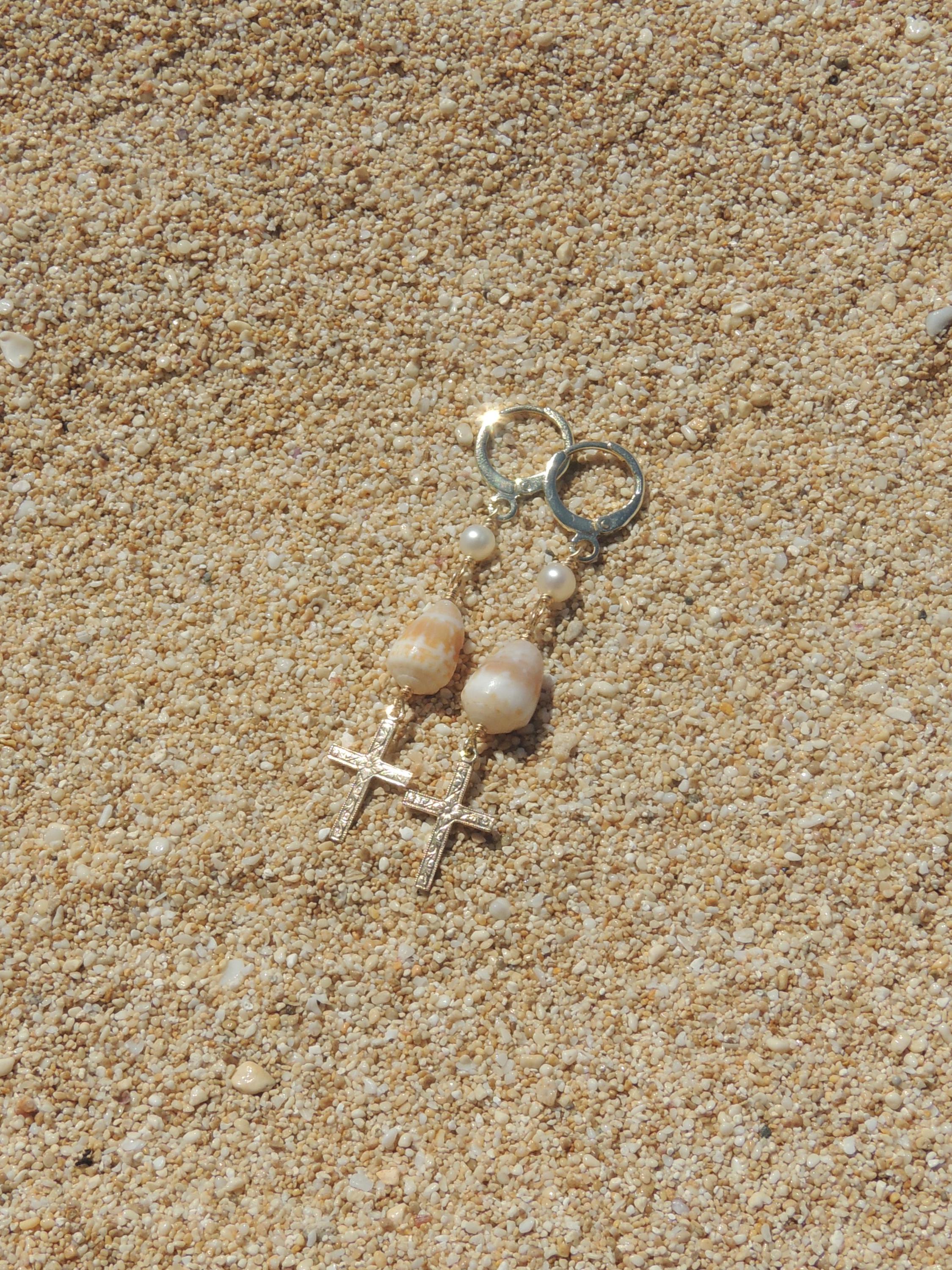 Cone Shell / Cross Charm Huggies