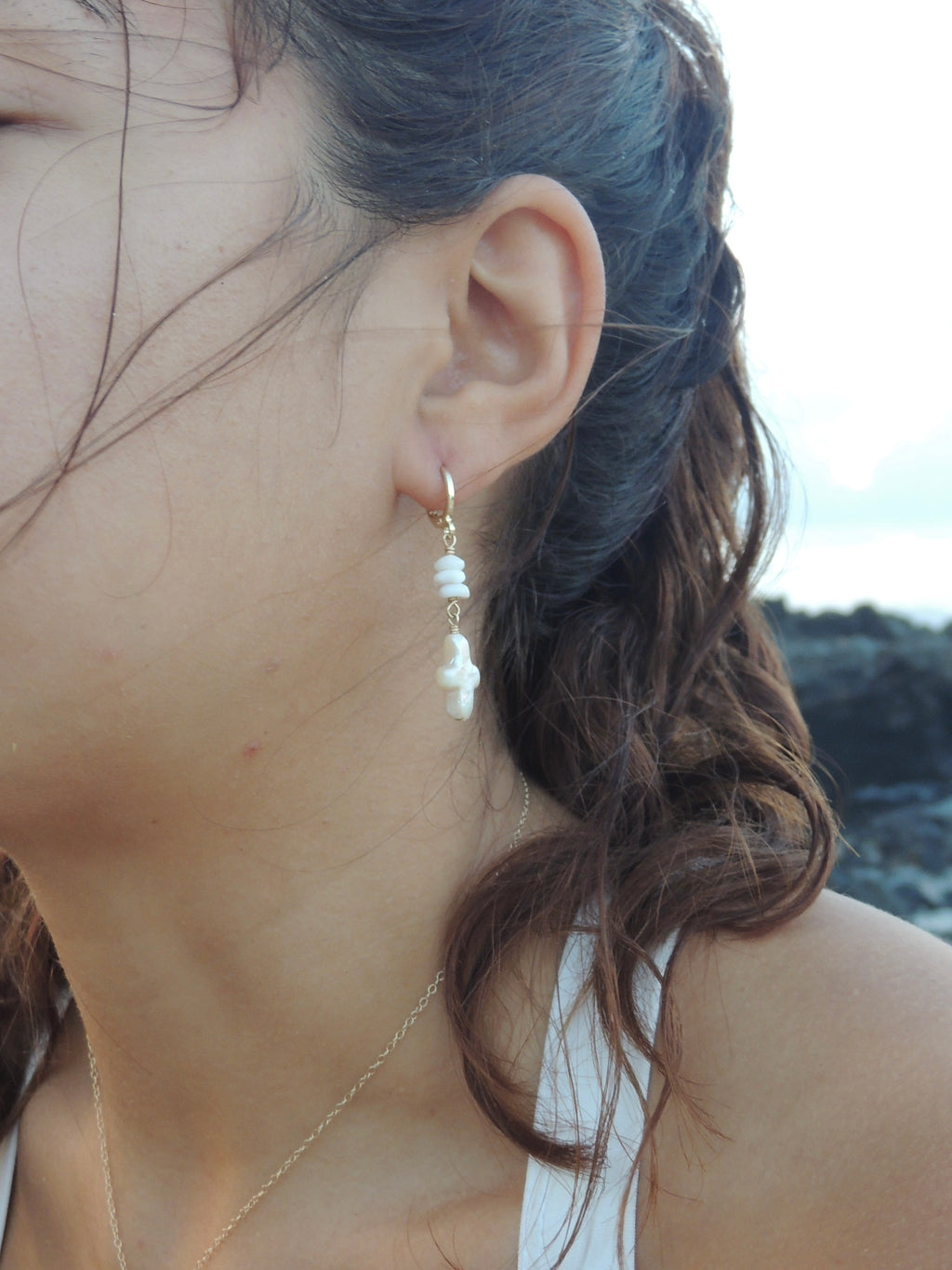 Puka Shell / Pearl Cross Huggies