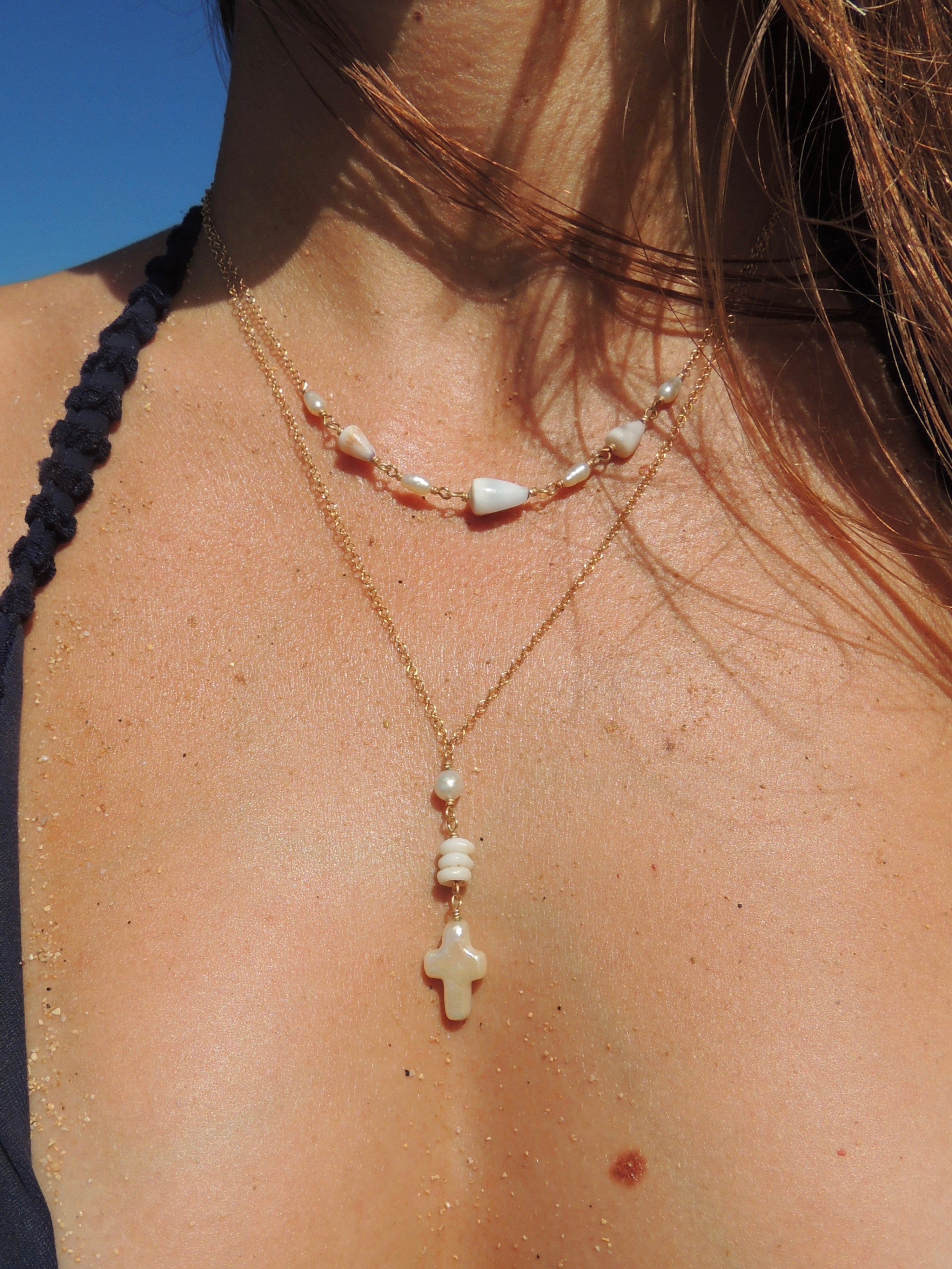 Puka Shell / Pearl Cross Necklace