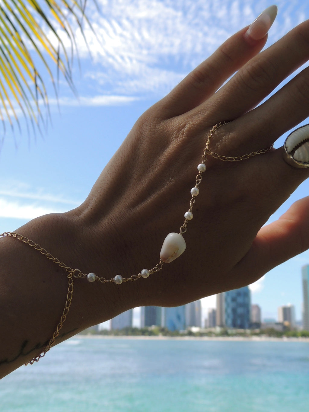 Cone Shell Handchain / White Pearls