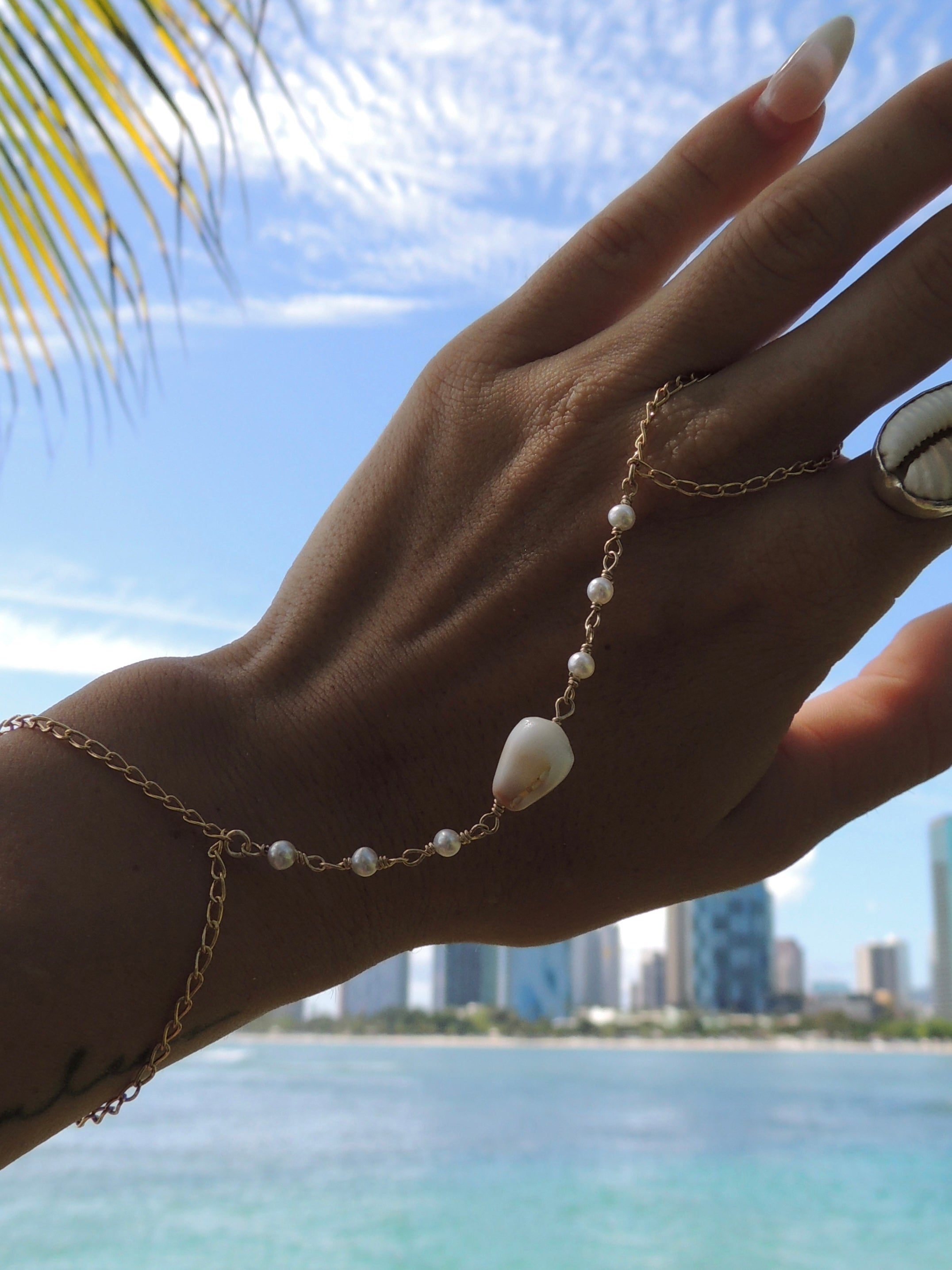 Cone Shell Handchain / White Pearls