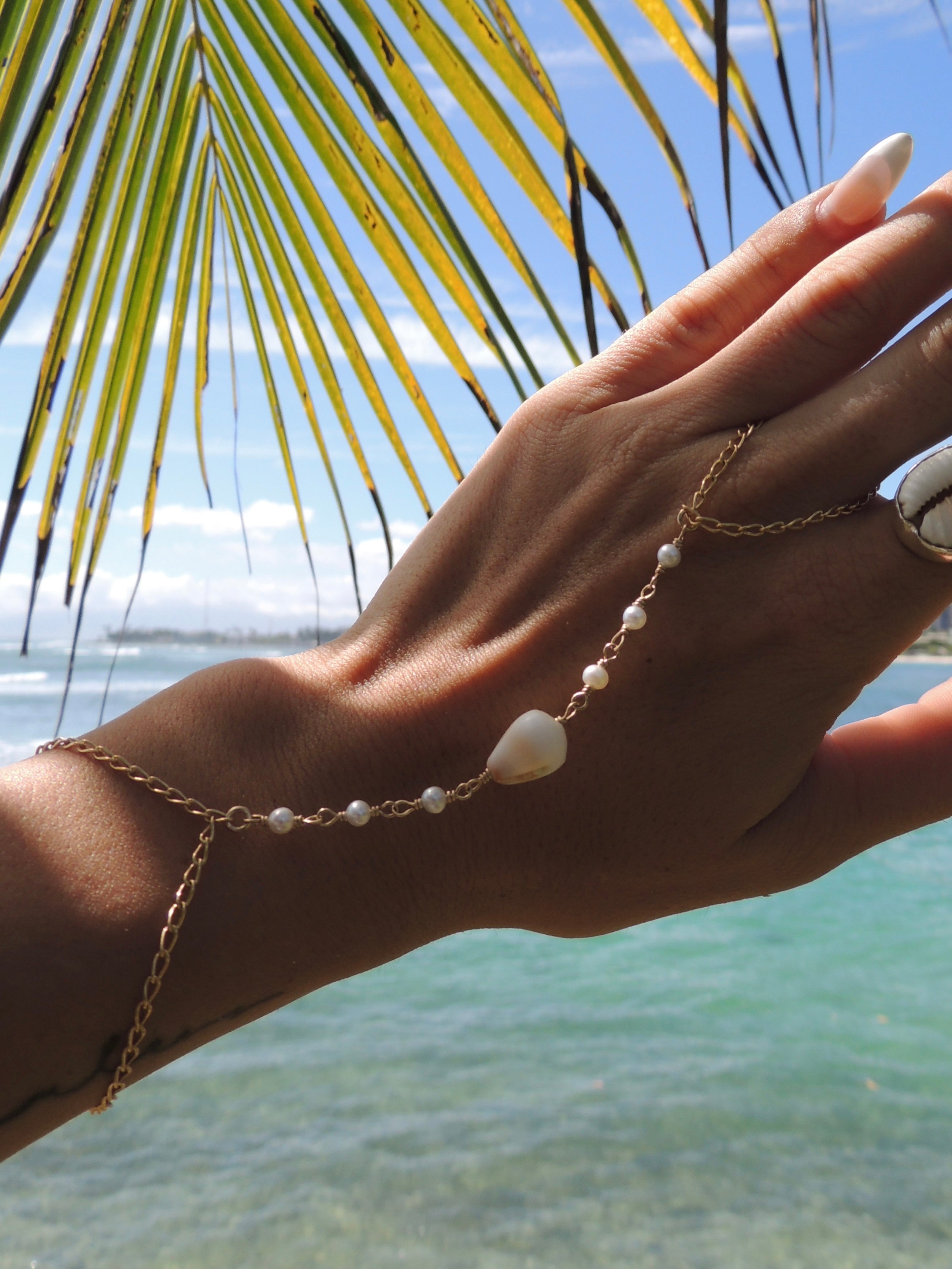 Cone Shell Handchain / White Pearls