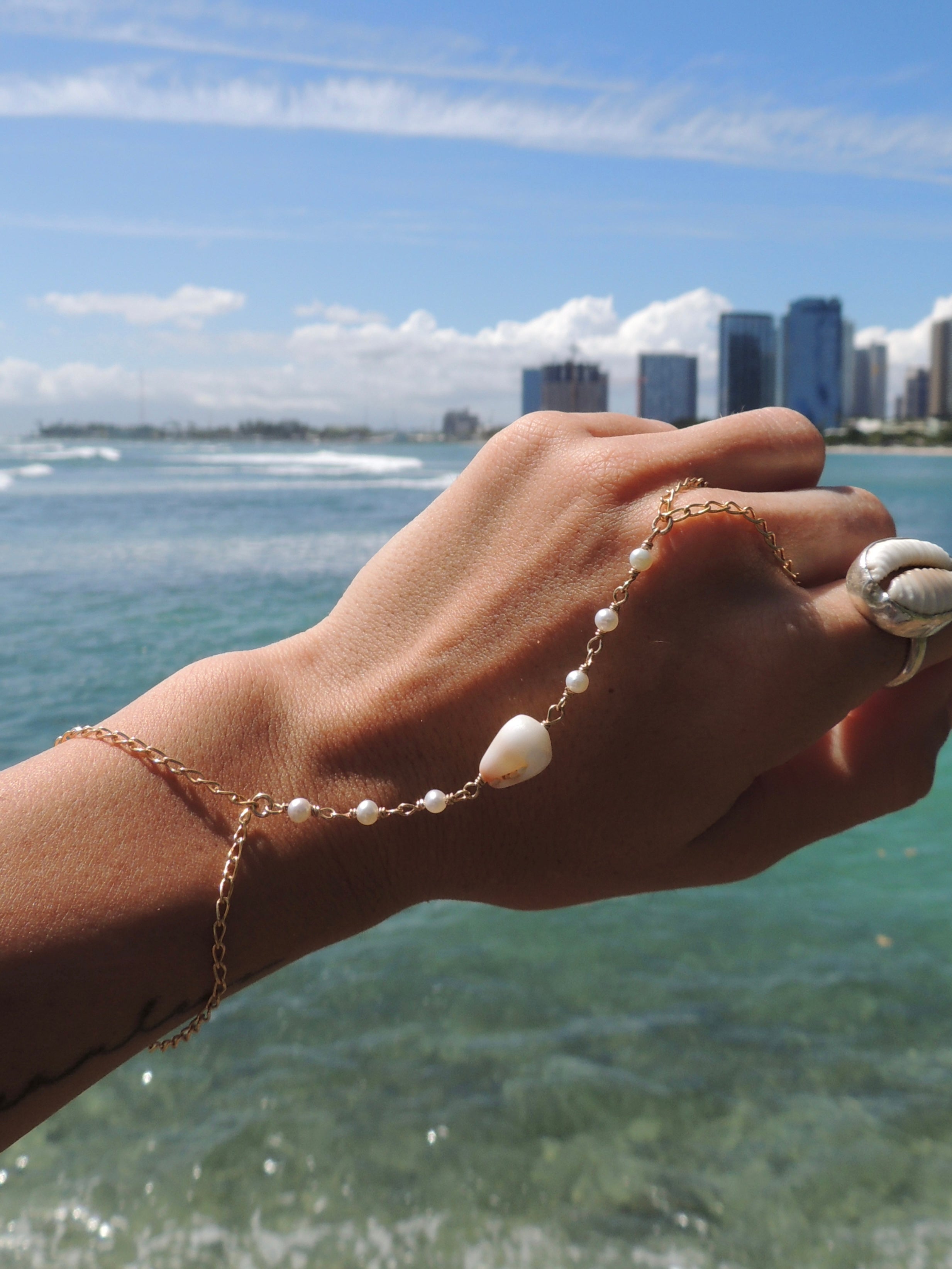 Cone Shell Handchain / White Pearls