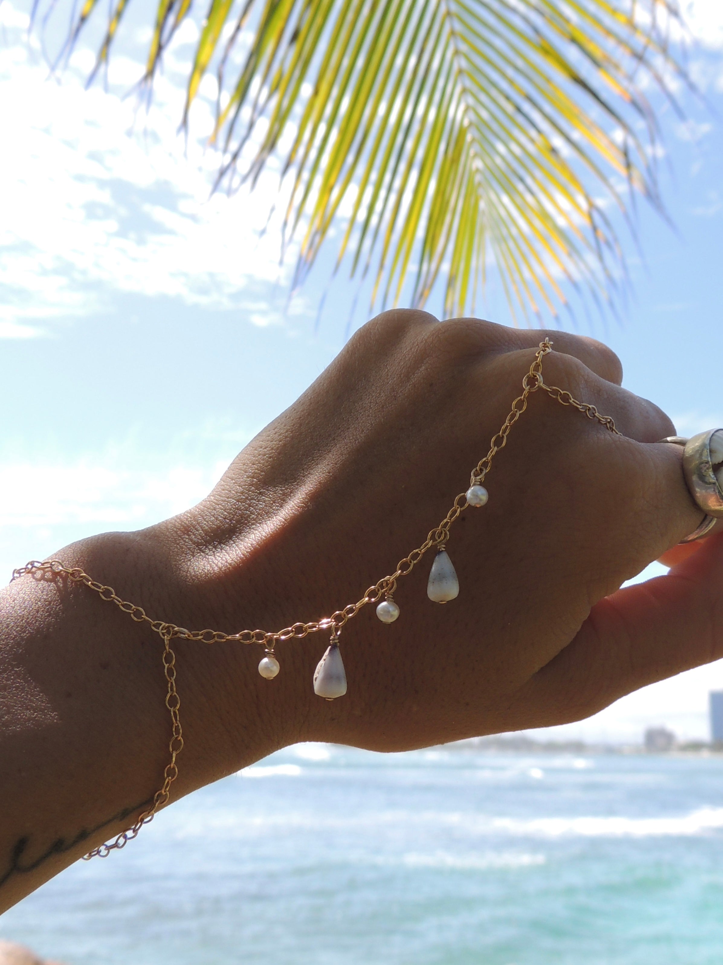 Cone Shell Handchain / White Pearls