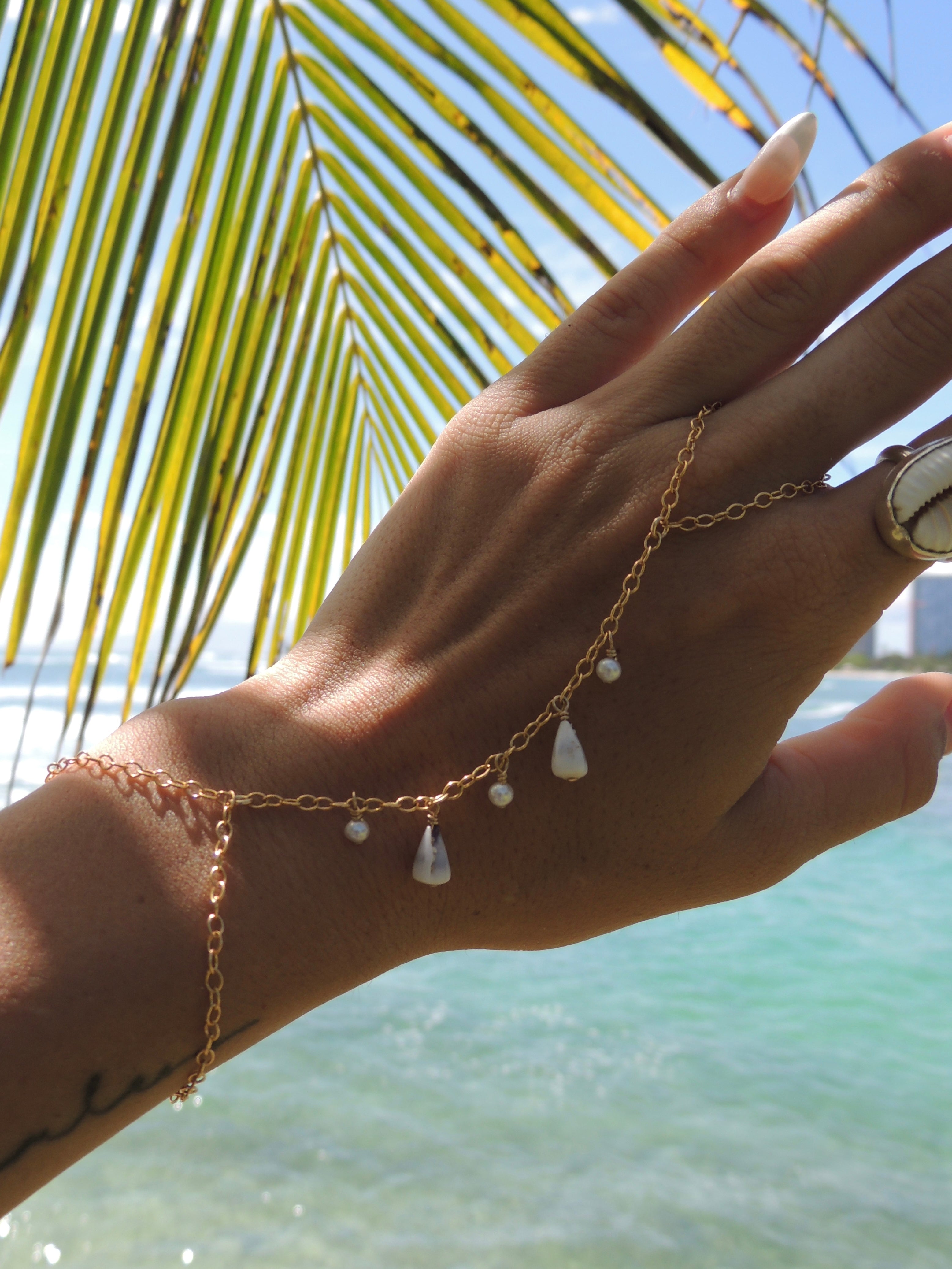 Cone Shell Handchain / White Pearls