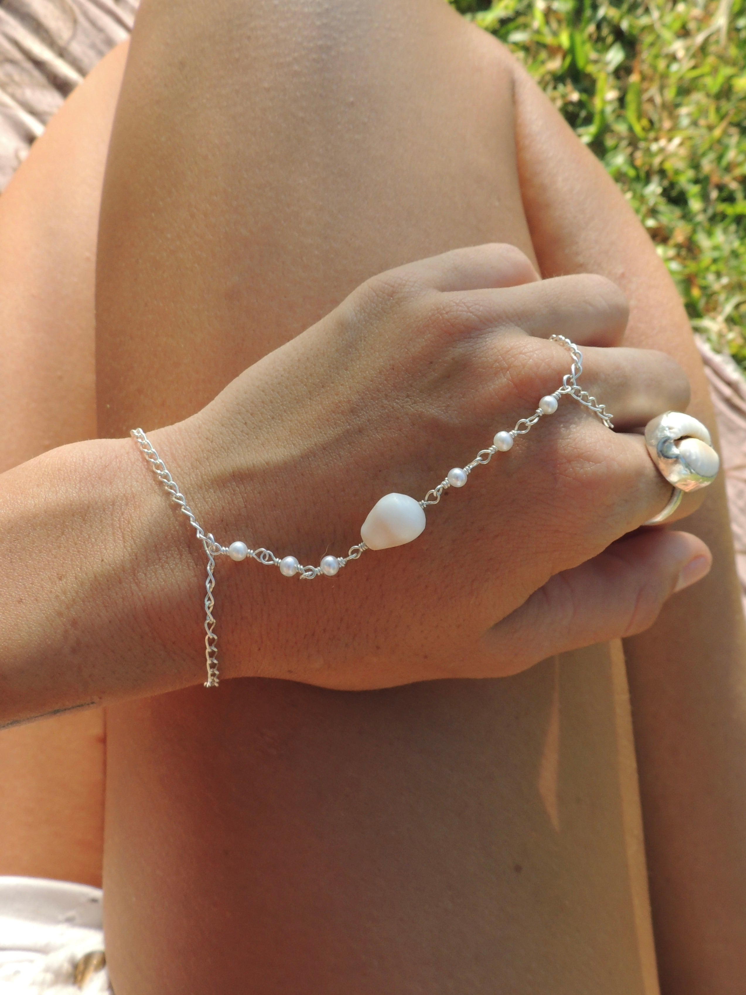 Cone Shell Handchain / White Pearls