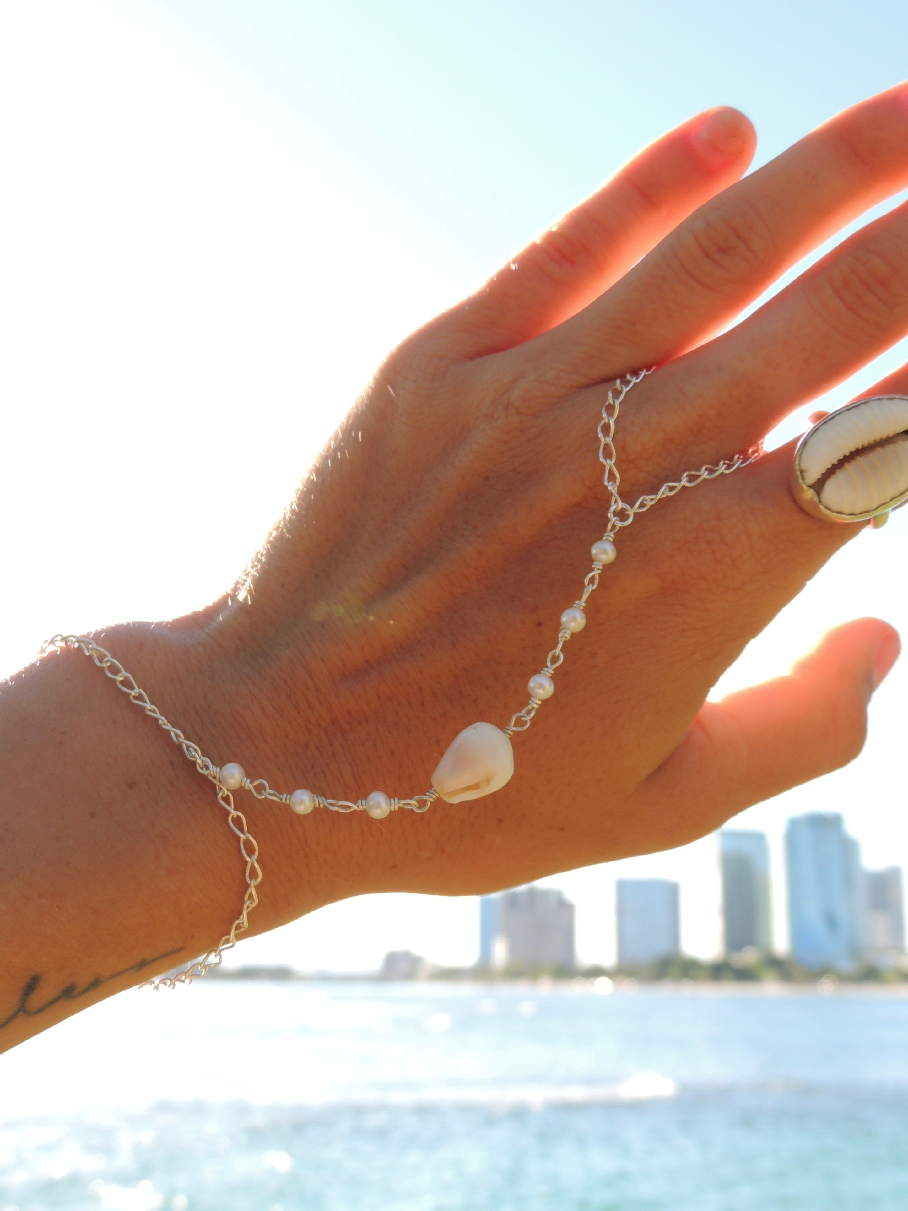 Cone Shell Handchain / White Pearls