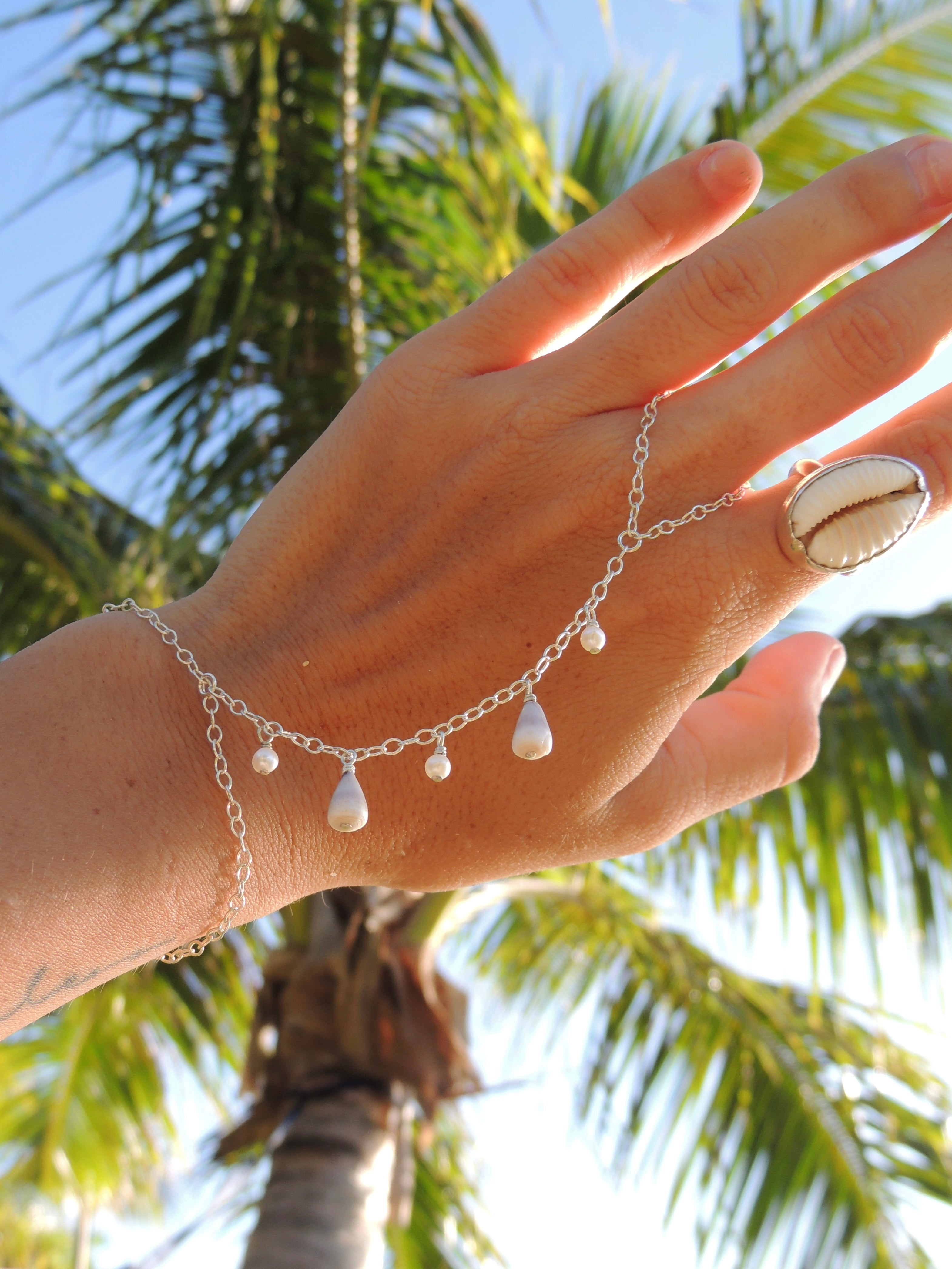 Cone Shell Handchain / White Pearls