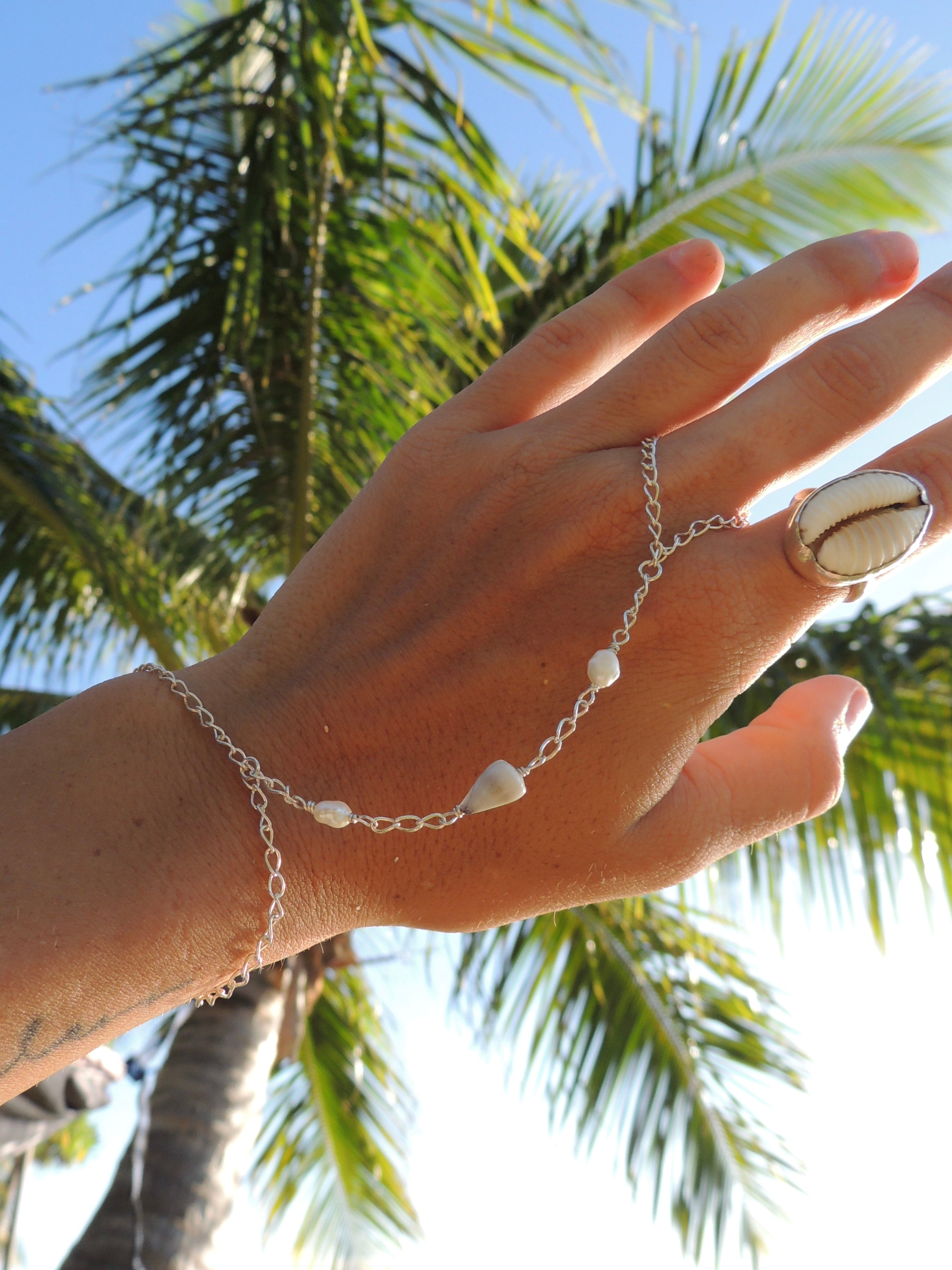 Cone Shell Handchain / White Pearls