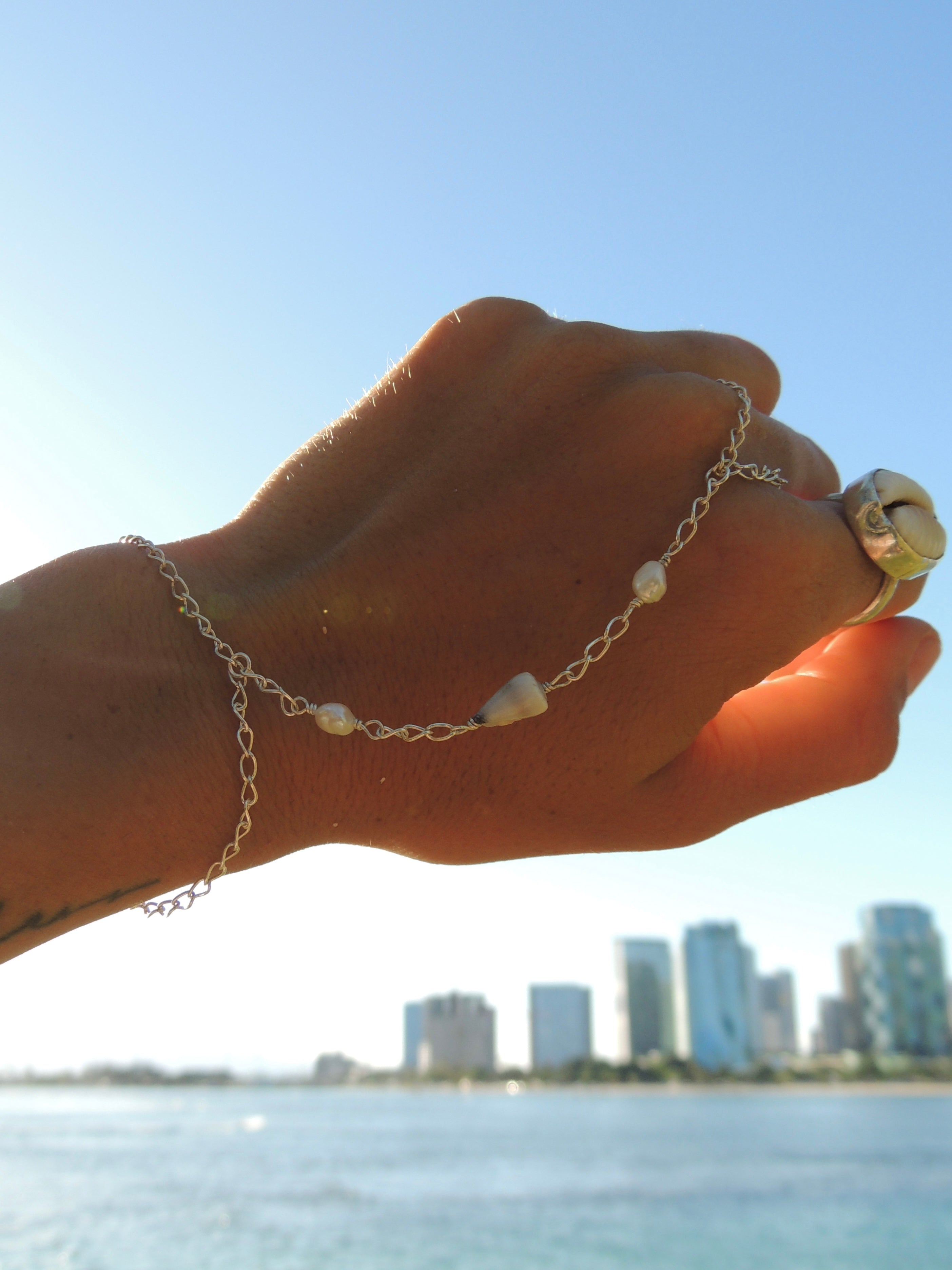 Cone Shell Handchain / White Pearls