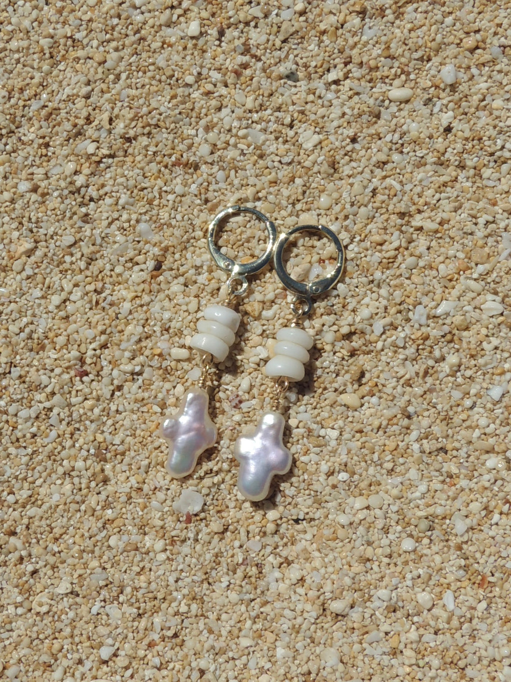 Puka Shell / Pearl Cross Huggies