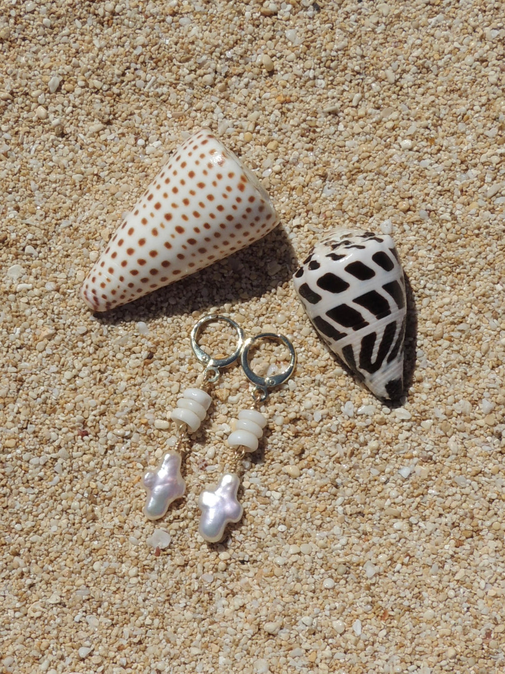 Puka Shell / Pearl Cross Huggies