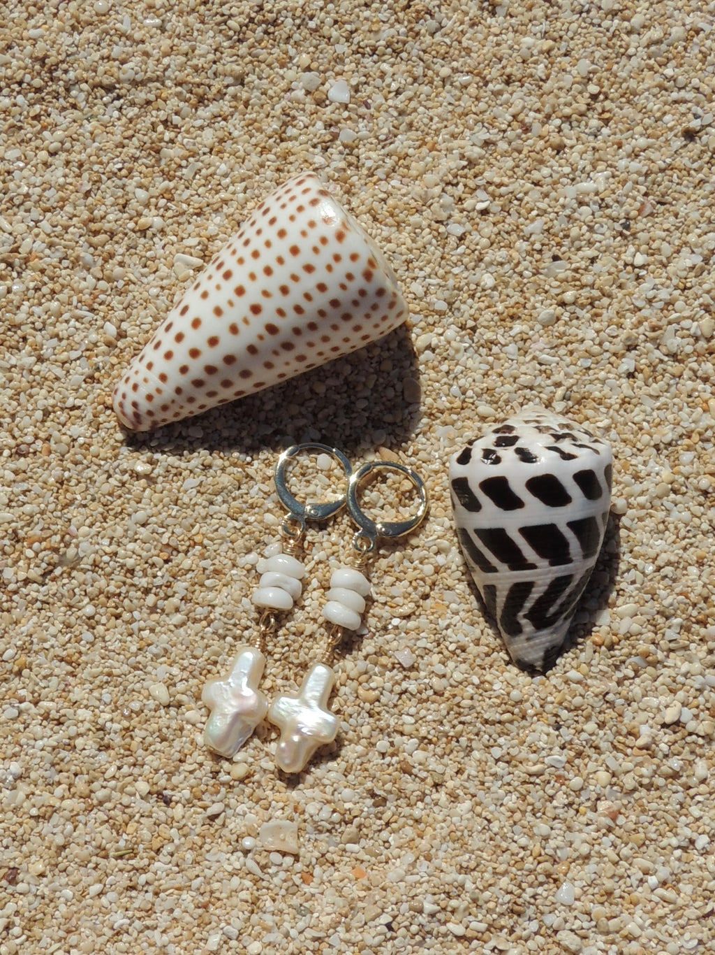 Puka Shell / Pearl Cross Huggies