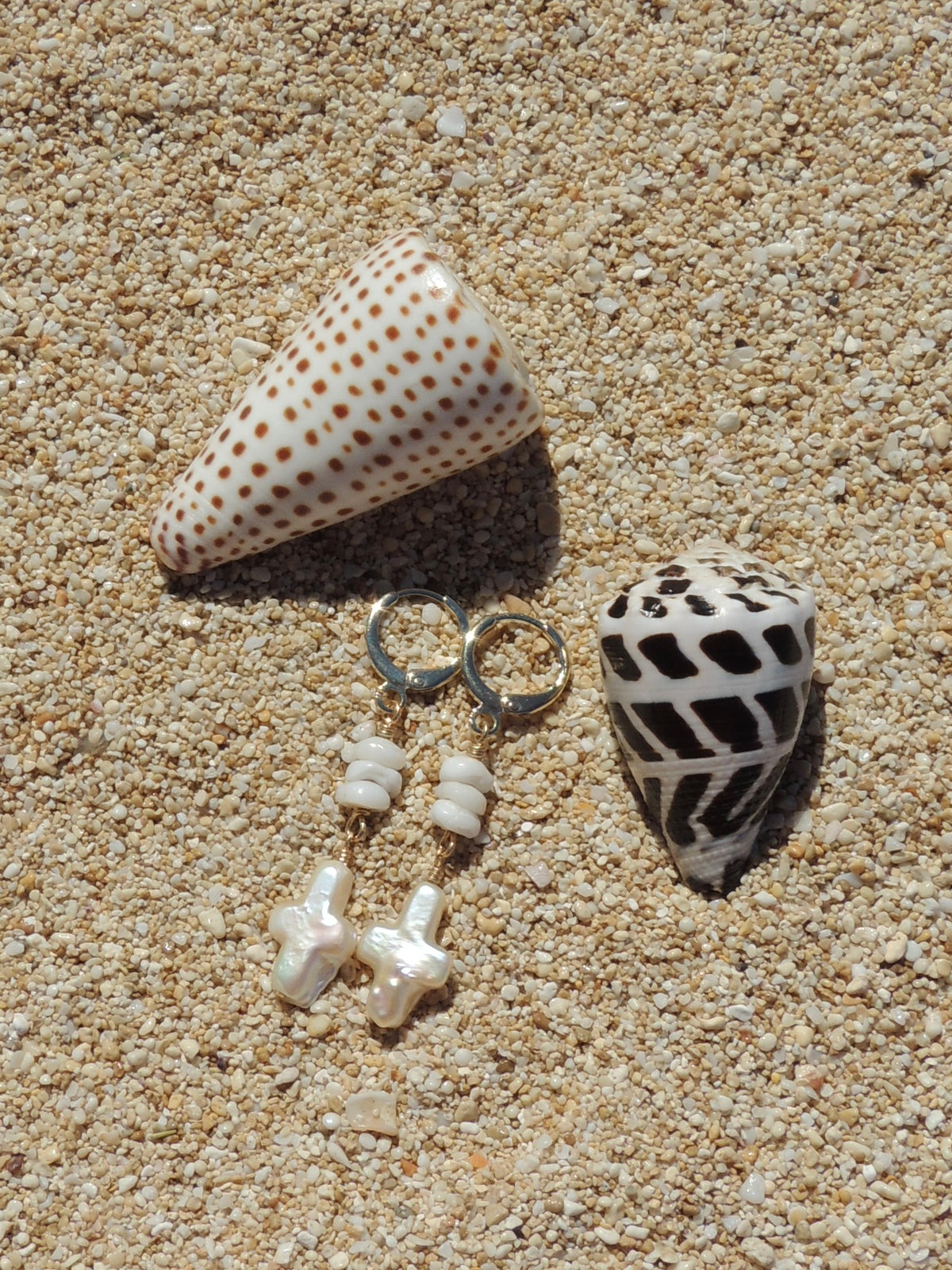 Puka Shell / Pearl Cross Huggies