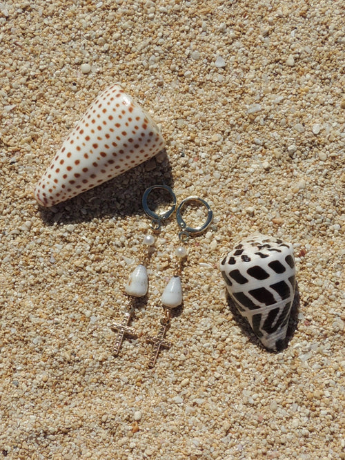 Cone Shell / Cross Charm Huggies