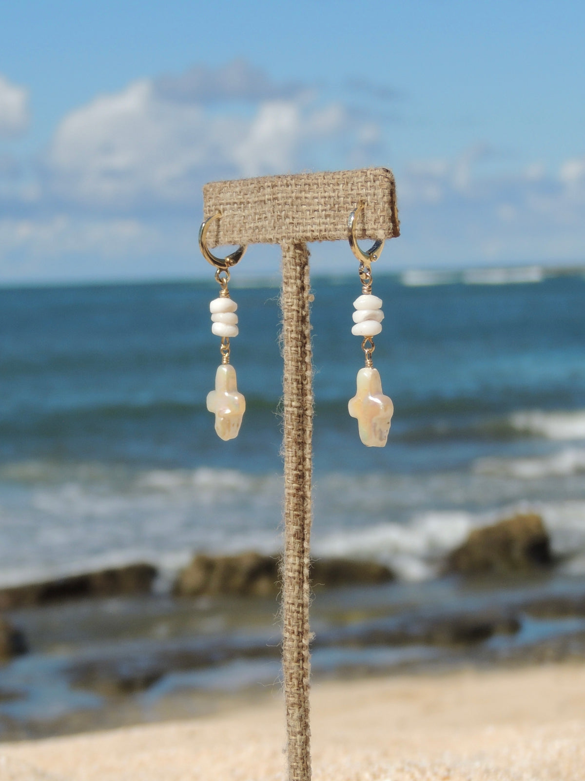 Puka Shell / Pearl Cross Huggies