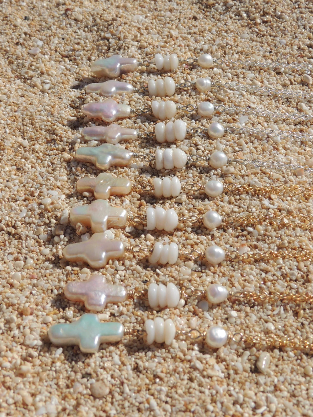 Puka Shell / Pearl Cross Necklace