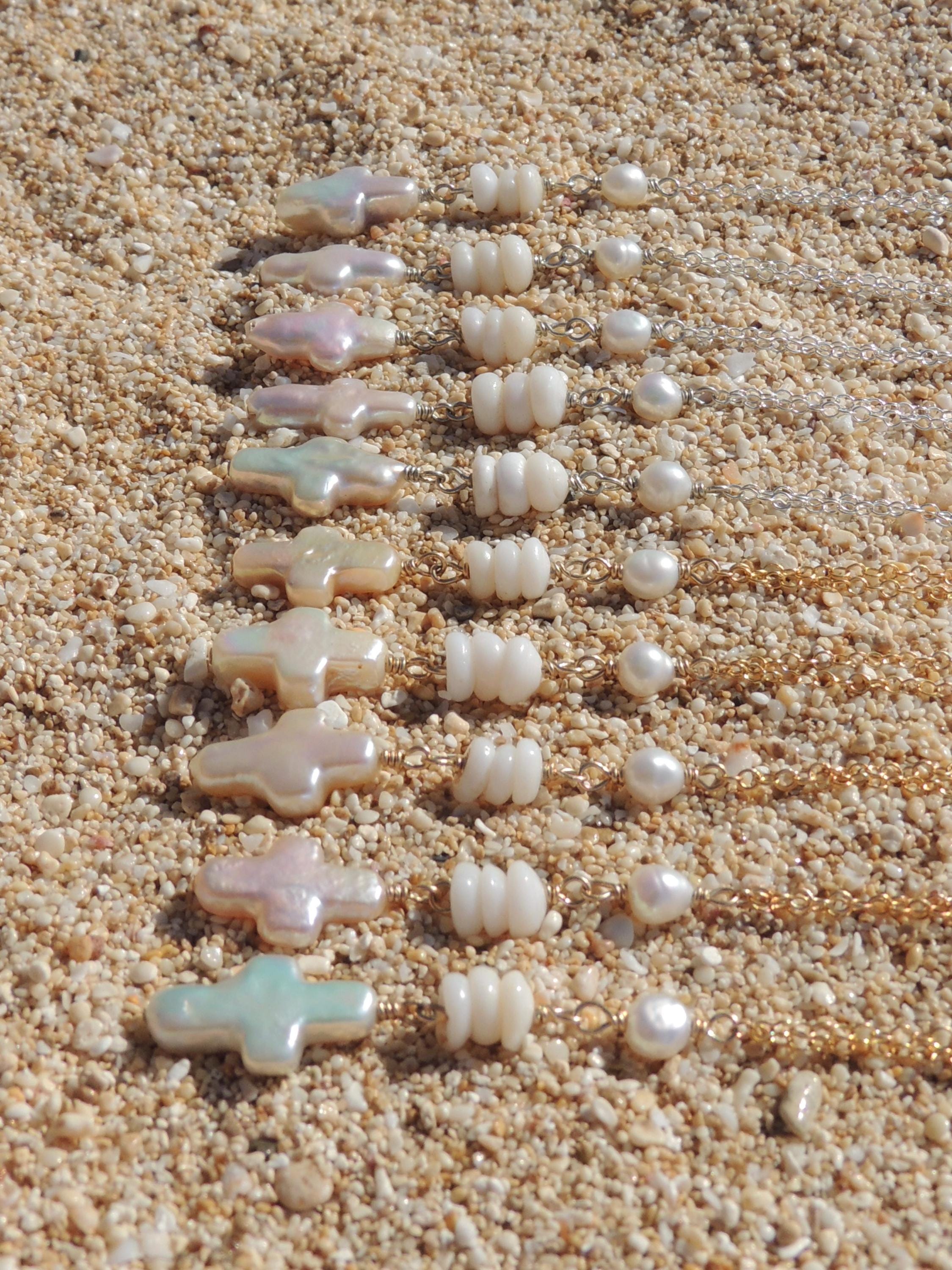 Puka Shell / Pearl Cross Necklace