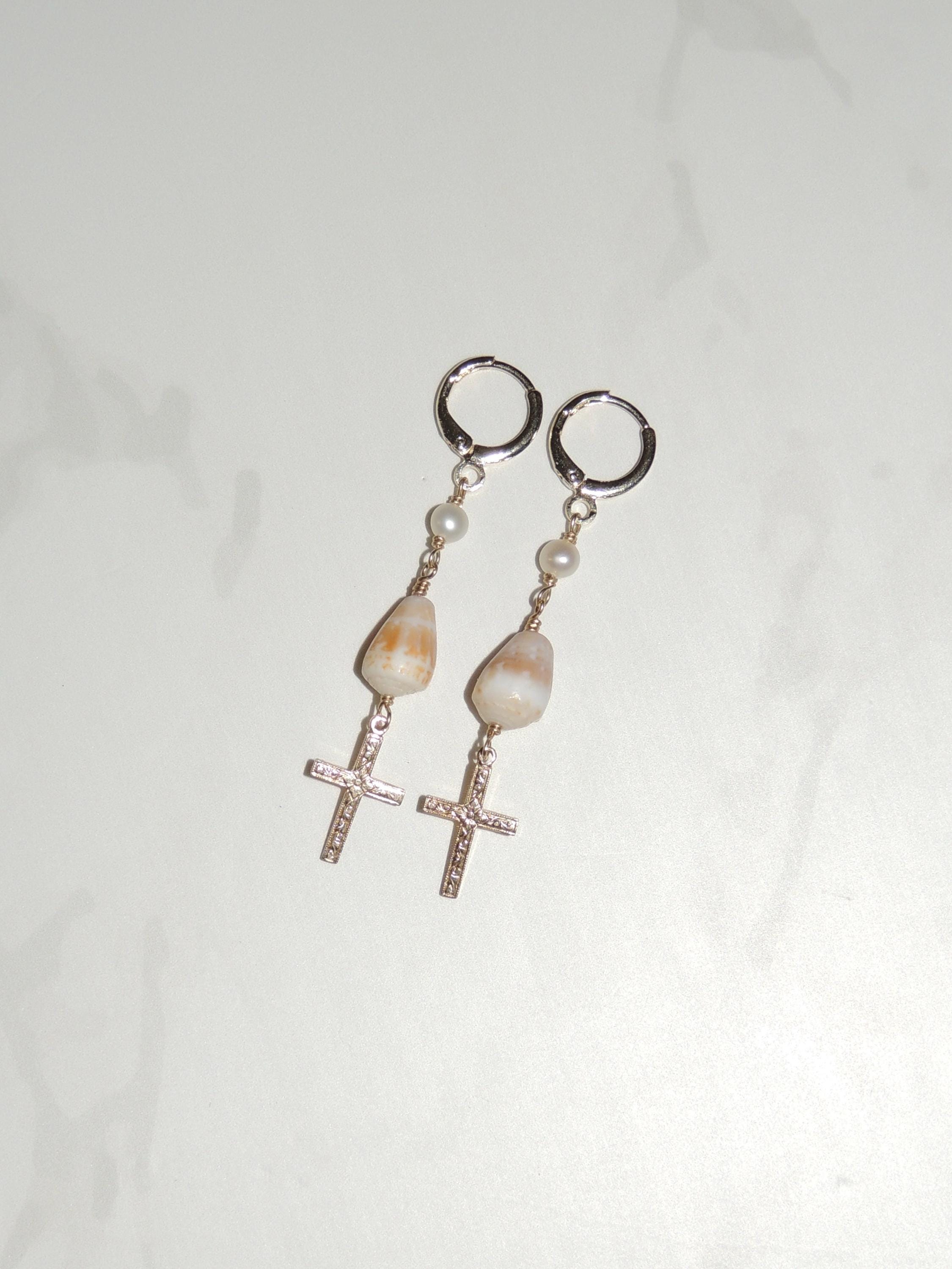 Cone Shell / Cross Charm Huggies