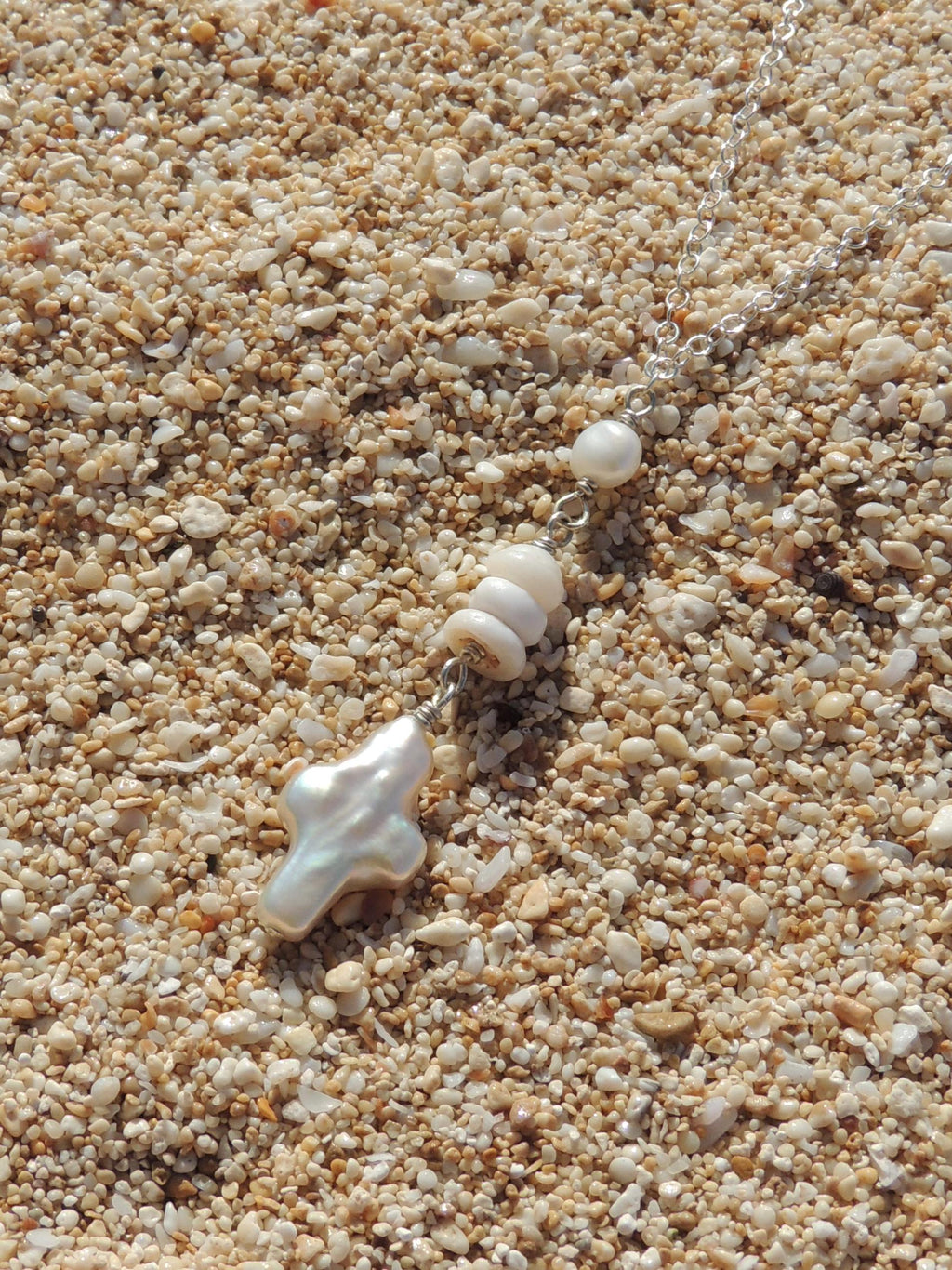 Puka Shell / Pearl Cross Necklace