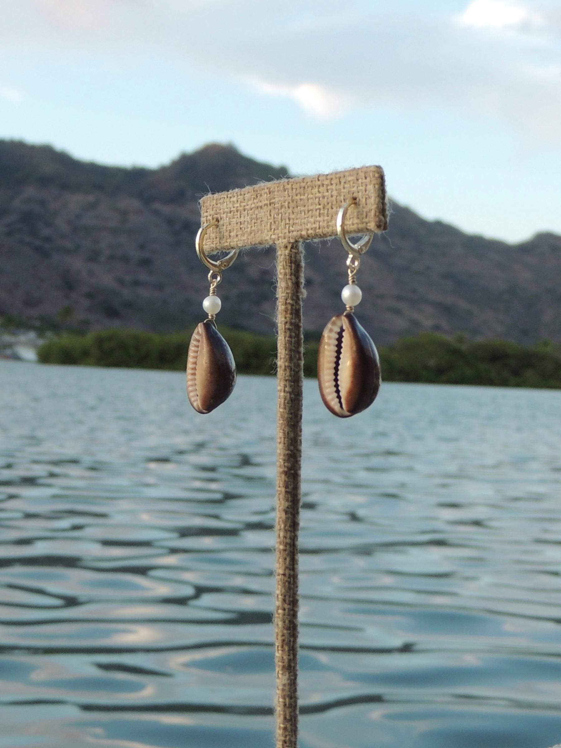 Brown Cowrie Shell Huggies